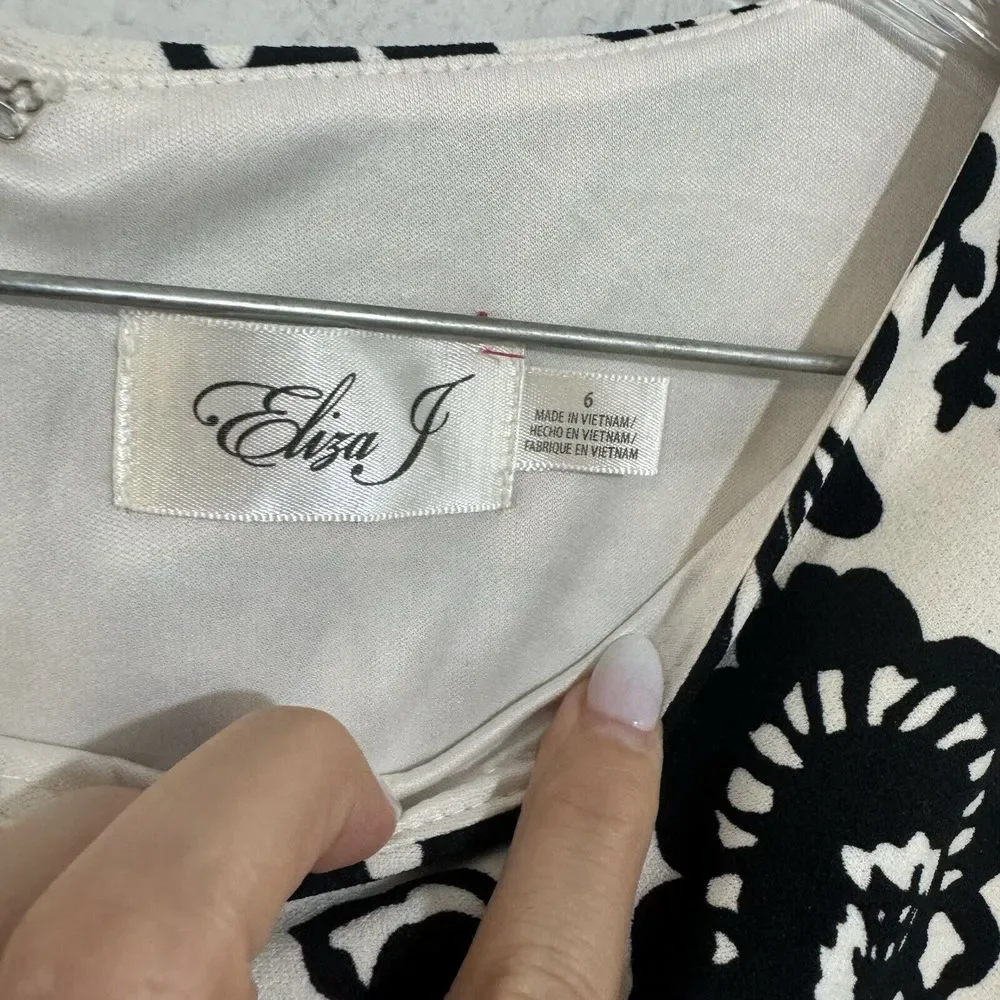 ELIZA J Black White and B Floral Black Sheath‎ Dress 6